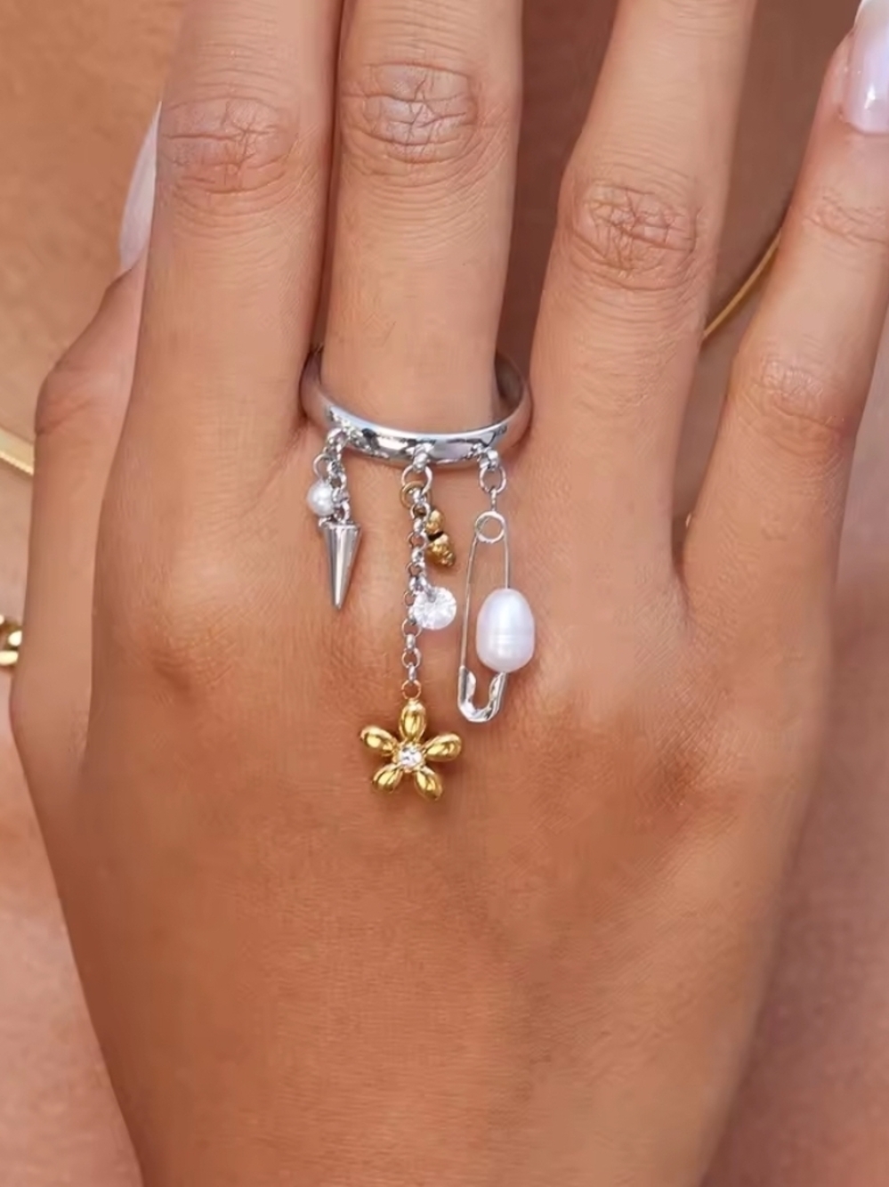 Silver Multi-Charm Ring with Gold Flower and Pearl Accent (STAINLESS STEEL)